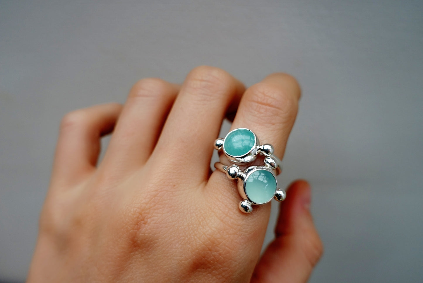 x2 Ring Set: Blue Chalcedony Speckled Ring 3 + Amazonite Speckled Ring 1