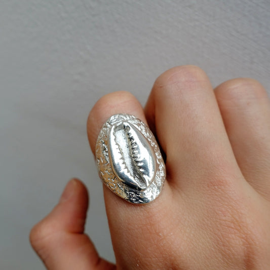 Cowrie Shell on Sand Shield Ring